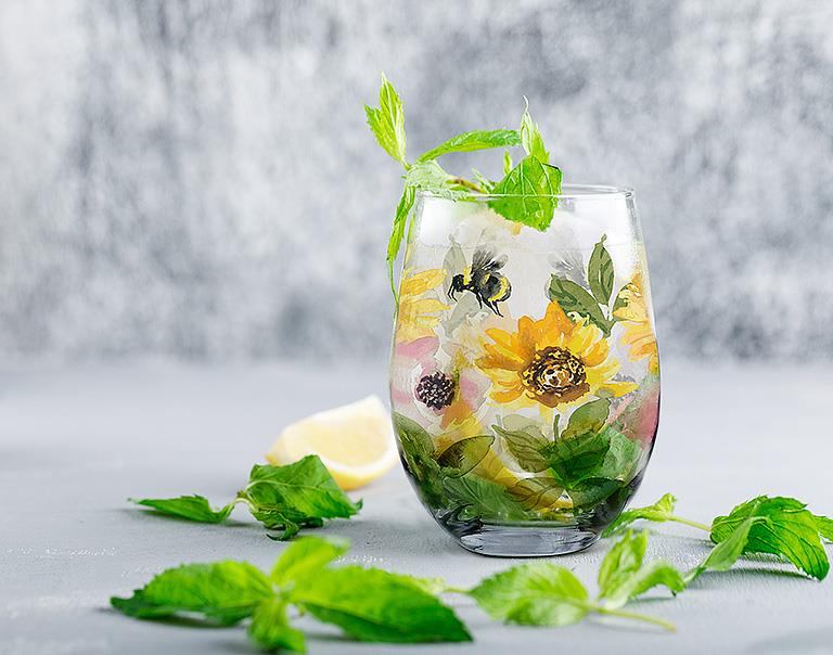 Glassware - Sunflowers & Bees - Stemless Wine Glass